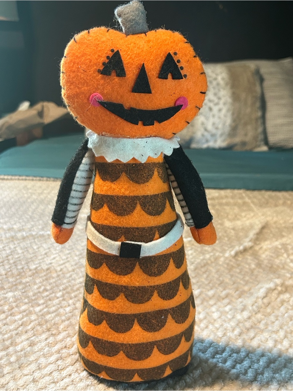 Handcrafted Felt Pumpkin Figurine - Orange and Black Holiday Decor